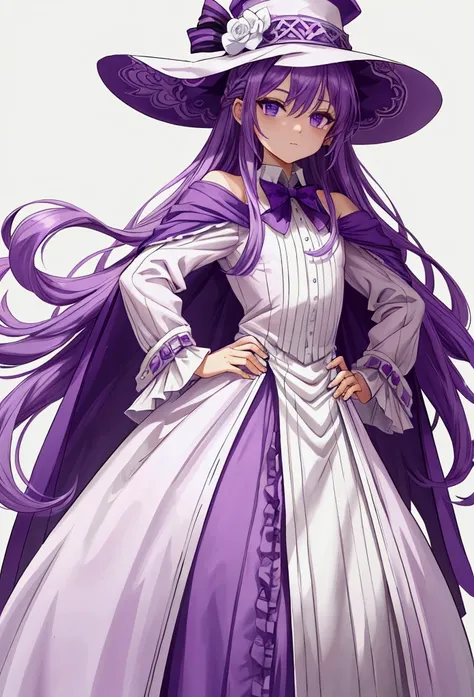 a character with purple hair and a white dress with purple details. The character is wearing a wide-brimmed hat and is posing with his hands on his hips. 