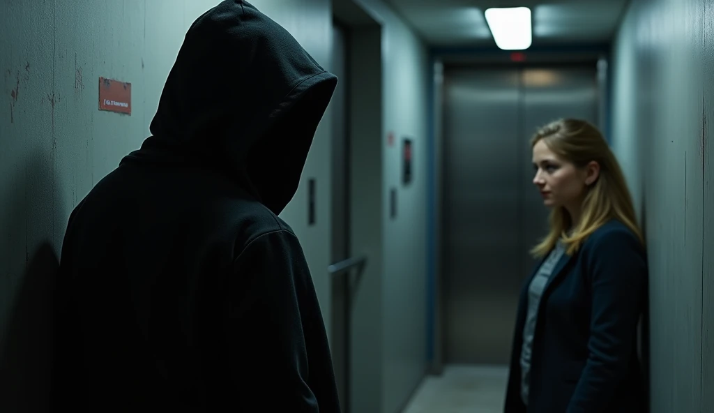 a man in a black hood, whose face is not visible, looks at a 20-year-old girl waiting for the elevator. real