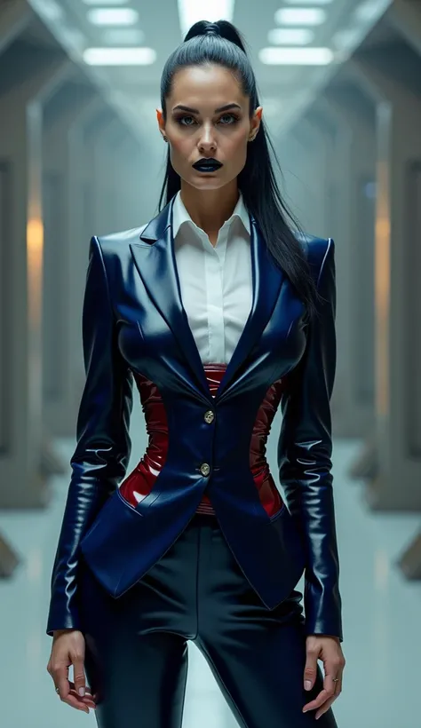 Angelina Jolie dressed in a futuristic latex business latex tuxedo with latex trousers blue navy, corset latex dark red, blacl leaps, poney tail hair navy blue, white latex blouse, over the knee boots stiletto heel. Black lips