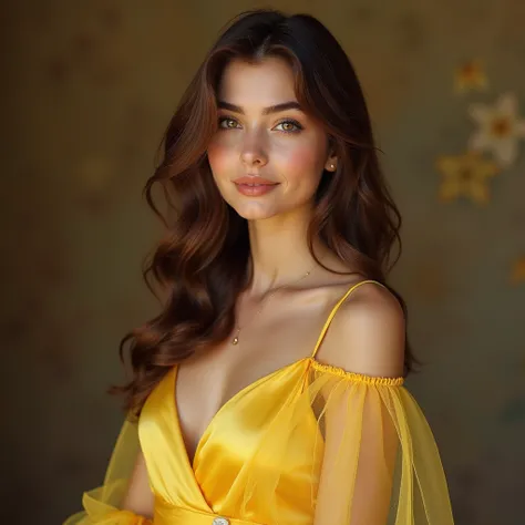 26 years old european girl, best quality, masterpiece, ultra high resolution,8K, (realistic:1.6), ((naturally wavy brown hair with side parting, shoulder blade length)), (pale skin)), (Natural C size breasts)), ((brown eyes)), one girl, ((cute inviting smi...