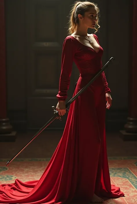  Theres a woman holding a sword ,  Elizabeth Polunin in a red leopard suit lying on a mat , Reddit, Video Art, Wield a bow,  practice sword posture while holding a sword , With a sword on his shoulder,  Dramatic Sword Stance , Movie action stills,  Eowin F...