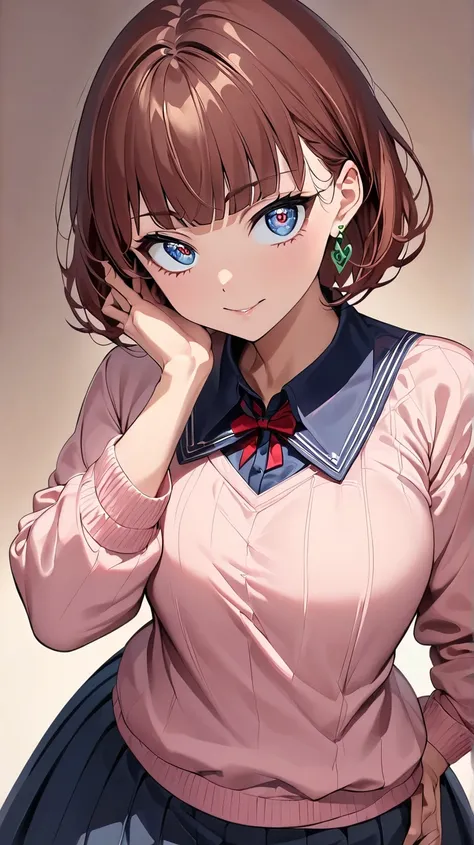 A confident anime-style high school girl standing with one hand on her hip, exuding a playful and charismatic demeanor. She has short, reddish-brown hair swept to the side, with sharp bangs framing her face. Her large, expressive eyes have a reddish hue, a...