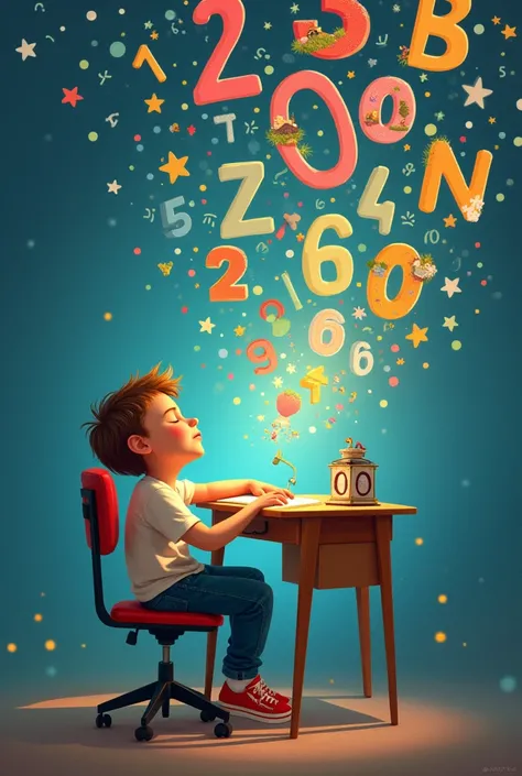 An  boy dressed in jeans and white shirt, red shoes falls asleep at his desk dreaming of numbers and letters, Disney images. 