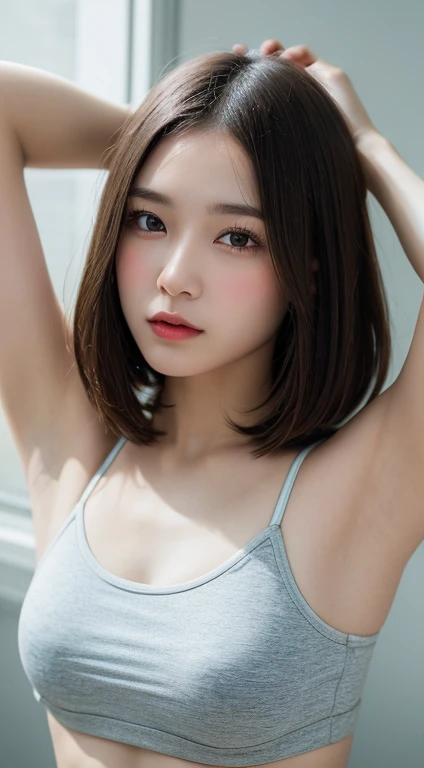 Tabletop, Facing forward:1.3、small flat breasts:1.7、See-through camisole:1.6、Silver short bob cut:1.7、Underwear is visible:1.6、Close-up of face:1.5、Bare armpits are visible:1.5、Small breasts:1.6、highest quality, figure, Super detailed, In detail, High reso...