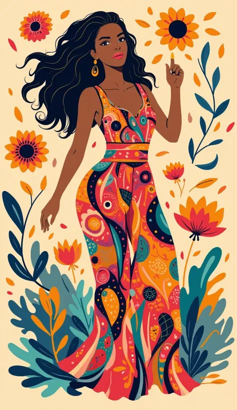 Create a vibrant 70s disco-inspired artwork featuring a feminine figure standing gracefully. The piece should embody groovy and trippy aesthetics, with hallucinatory, hypnotic patterns that evoke a sense of euphoria. Incorporate abstract, fluid shapes alon...