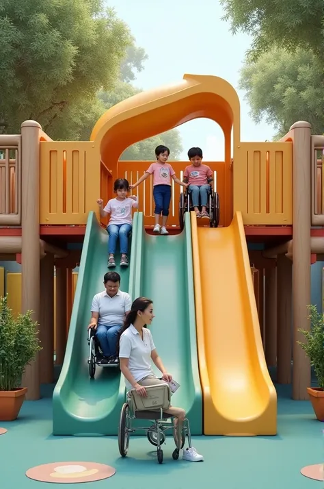 Create a playground slide for disabled  whose sliding alone without his wheelchair while other  is climbing till the top of slide with help of transferring ramp of escalator on his wheelchair end of the slide theres a lady with a Id card