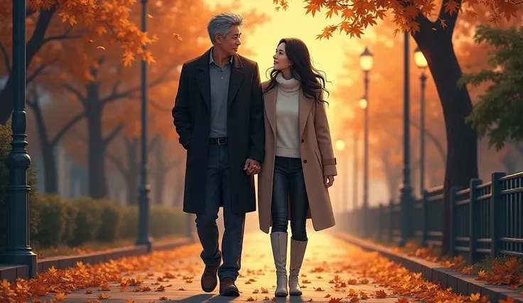 View walking from the front 촬영," Lets go with the years left behind in the dusk ,  Thank you, thank you, I always love you ",Asian man and woman ,man: 45 years old, An expression with slight traces of time ,  The black hair is naturally mixed with three co...