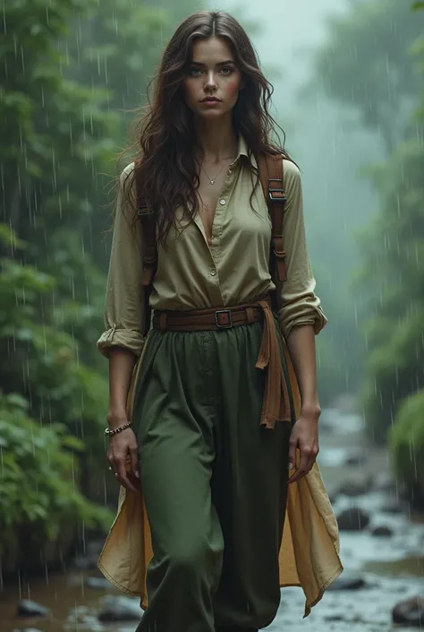 draw a 25 year old girl ,  brunette with long hair and green eyes , slim, Height 170 cm, she is a traveler,  make pretty hands and outfit like shes in the rain