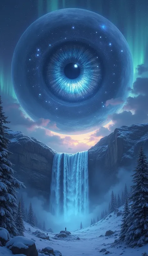 Eye of the Universe
A giant, luminous eye in the night sky, with galaxies swirling in its iris. The sky transitions into deep blue hues with streaks of auroras dancing in the distance. Snowfall gently cascades down, while waterfalls glow with ethereal ligh...