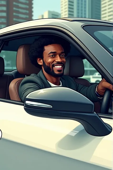 Un homme africain beau élégant aux cheveux afro moyennement bien taillé dune barbe bien taillé stylé vêtue en veste gris foncé qui est dans sa bagnole moderne de couleur blanche qui roule aisément en allant dans une ville moderne qui sourit. Une image en B...