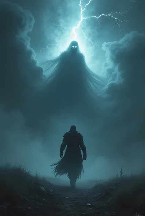 As the warrior king moves forward to deliver the final strike, a brilliant flash of lightning illuminates the dark sky. A mysterious shadowy figure emerges from the stormy clouds, surrounded by an eerie, glowing aura. The figures form is undefined, almost ...