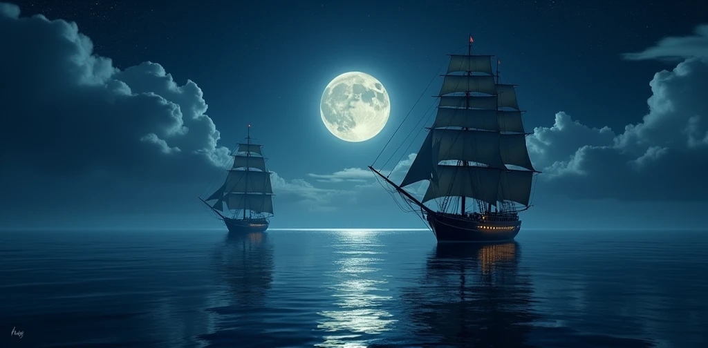 Ships sailing on the ocean at night landscape 