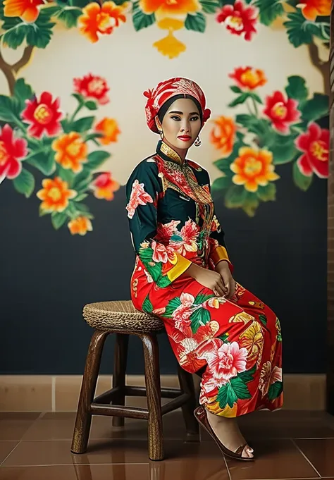 arafed woman sitting in a chair with a flower in her hair, traditional dress, traditional beauty, traditional art, traditional clothes, inspired by I Ketut Soki, by Basuki Abdullah, by I Ketut Soki, inspired by Basuki Abdullah, inspired by Nil Gleyen, roya...