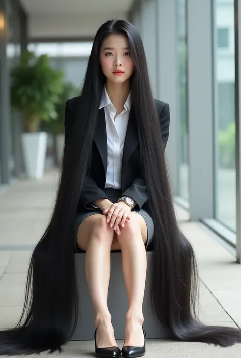 Very cute and young chinese lady with pink lip.She is sitting at the walkwayand sat with her knees bent.Wear the white shirt with black blazer coat, dark grey short skirt and black high heel.The lady have the light black longest hair length to 3 meters.The...