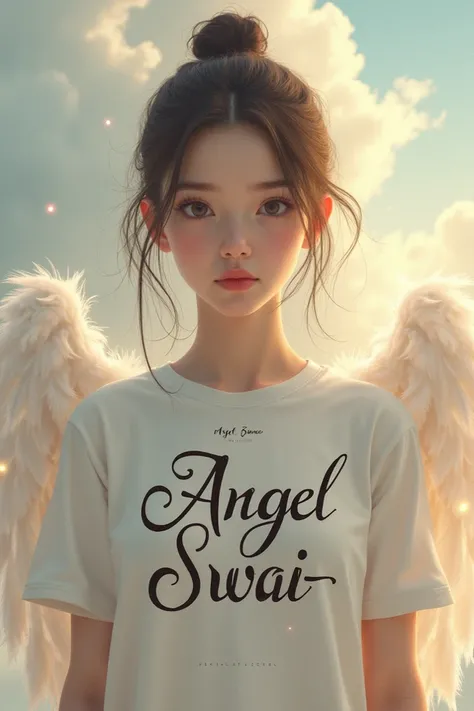 A girl wears a t shirt wroten Angel swai