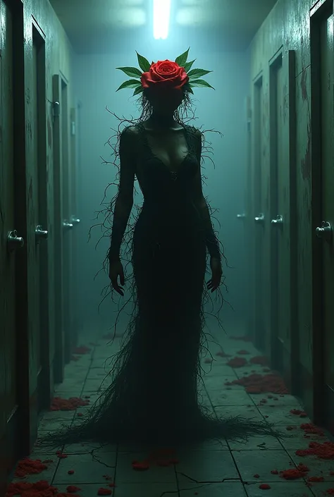 A dark, mysterious, and captivating scene of a woman, dressed in a unique and sinister string bikini made of vines and thorns. She is standing in a dimly lit public restroom, with grimy walls and a cracked floor. The atmosphere is eerie, with an unsettling...