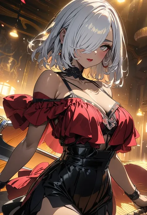 (masterpiece,  best quality:1.2,UHD,High Resolution、Detailed depiction)、 a single sexy beauty、Red lipstick、 Tanned Skin、White Hair、 short bob、hair over one eye,、I have a slightly longer face veil 、 Off Shoulder Dress、I have a huge sword、 dynamic lighting、 ...