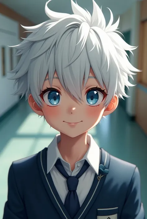 boy, white hair, blue eyes, young, 15 ans, school outfit ,  school background,  ultra realistic ,  smile