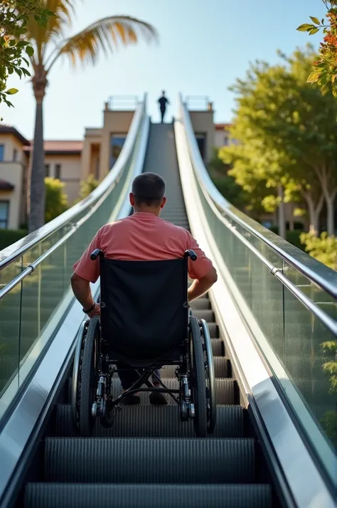 A  is on his wheelchair on the escalator Ramp reaching towards the slide he steps out from his wheelchair and slide down while his wheelchair gets transferred to the ground with help of transfer ramp at the end of ramp theres a lady