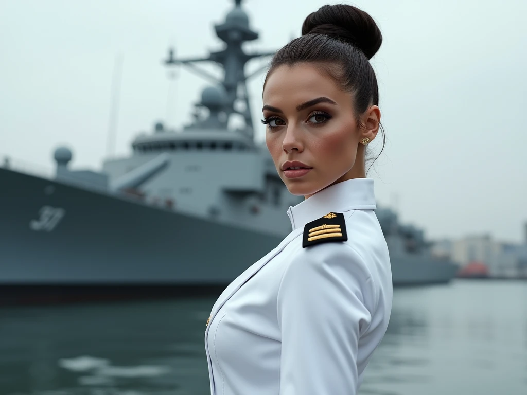 longshot of a beautiful brunette woman, body complete, black eyes, hair in a bun, wearing a white naval military uniform, detailed face and eyes, high resolution, photorealistic, studio lighting, extremely detailed, vivid colors, cinematic lighting, dramat...