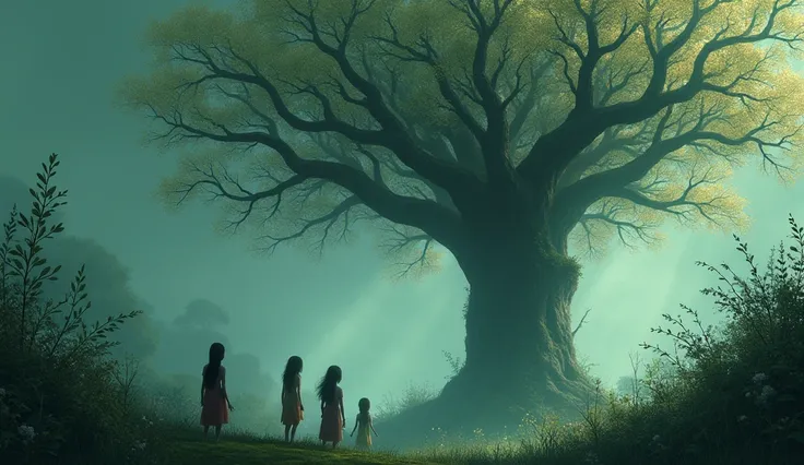 "A group of small s standing in the distance, looking anxiously at the Champa tree, with a mood of fear and hesitation in the air, the garden now feeling quieter and more foreboding."