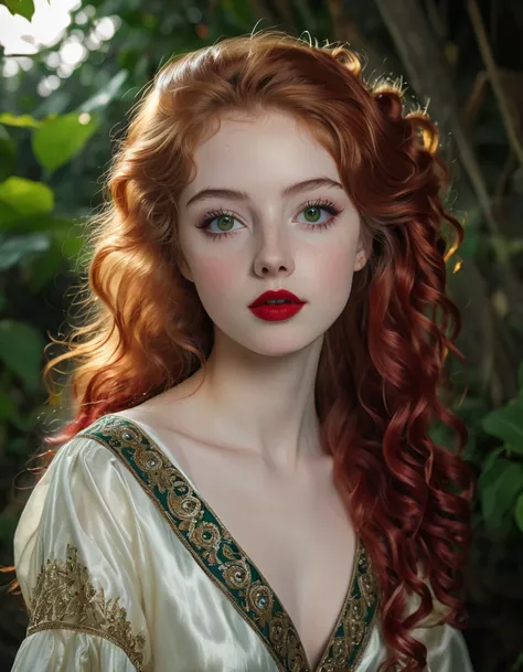 ( masterpiece,  Best quality ), ((realistic)), 1 girl, Alone, (((18 years old))), (Textura de la piel:1.1), (pores of the skin:1.2), (pale skin), ( face with high detail ),  pompous skirt, arte digital,((RAW Photo)), (( very long curly red hair)), ( Large ...