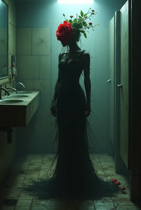 A dark, mysterious, and captivating scene of a woman, dressed in a unique and sinister string bikini made of vines and thorns. She is standing in a dimly lit public restroom, with grimy walls and a cracked floor. The atmosphere is eerie, with an unsettling...