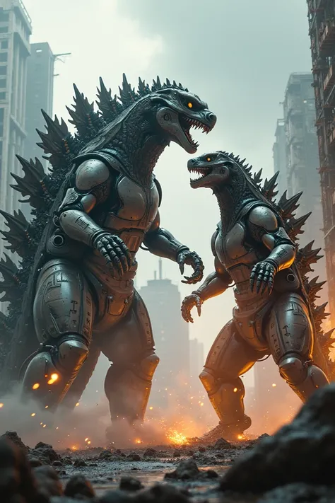 A robotic godzilla fighting with a robotic anaconda