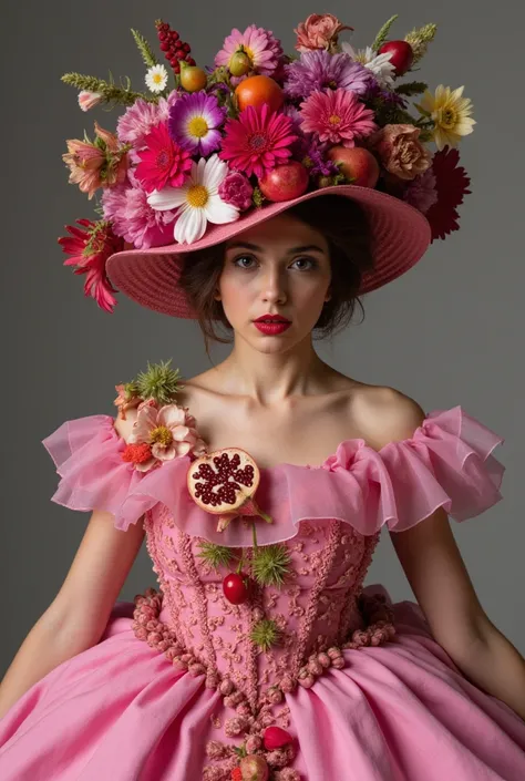 A beautiful model wearing a pink dress and hat made of flowers, fruit, and pomegranate seeds, in the style of dark fairytales, Rococo-inspired illustrations, dreamlike installations, symmetrical asymmetry, light red and indigo, elaborate costumes, and exag...