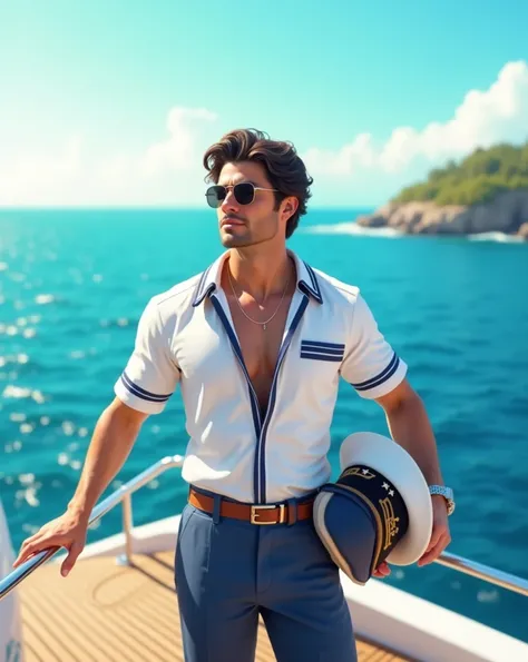 A confident man with a modern, sophisticated appearance, wearing a classic white nautical shirt with navy blue accents, standing on the deck of a sleek yacht. The ocean stretches into the horizon, with the sunlight casting a warm glow on the scene. He has ...