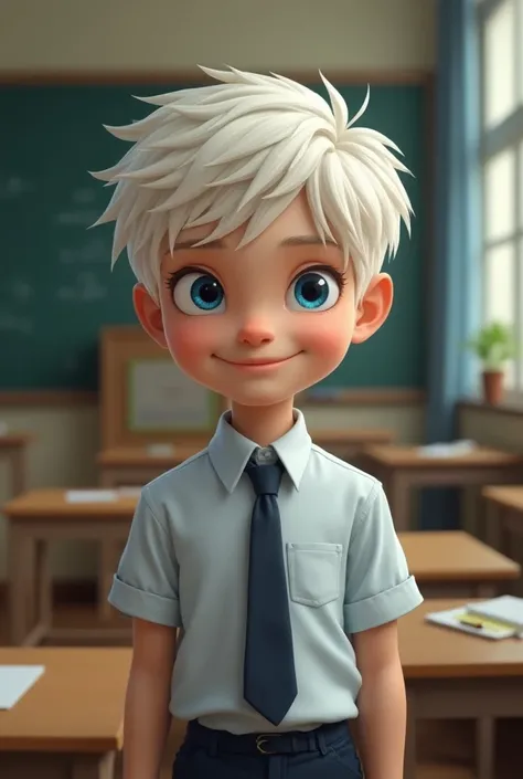 boy, white hair, blue eyes, adolescents, 15 ans, school outfit ,  school background,  ultra realistic ,  smile