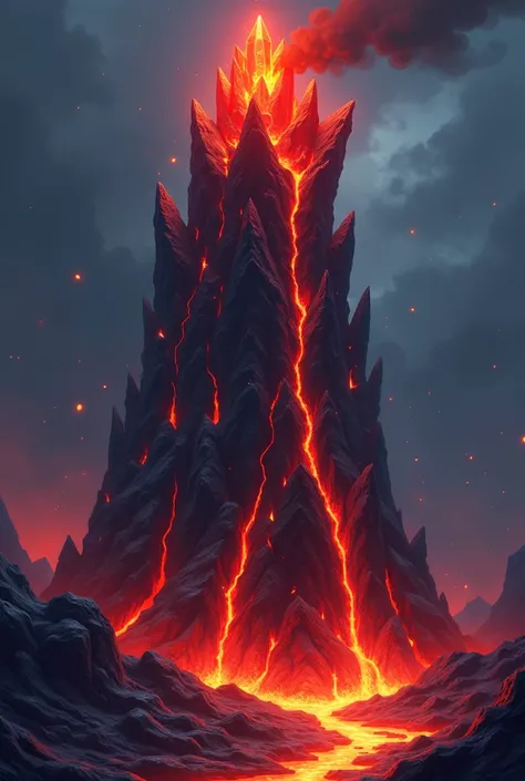 A cartoon like rugged obsidian tower, glowing veins of red lava streaking down its jagged surface. The base is encircled by rivers of molten lava, with glowing embers and ash rising into the air. The top of the tower is crowned with fiery red crystals, rad...