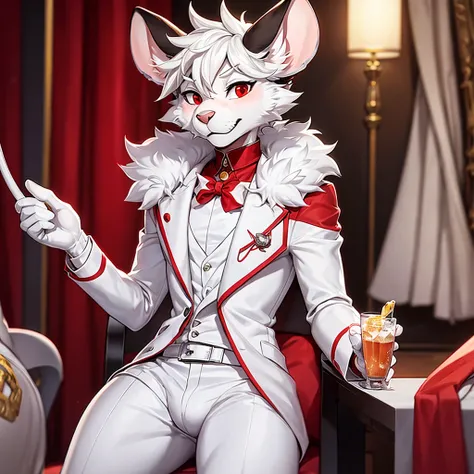 creates an anthropomorphic adolescent male mouse with white fur and red eyes,con ropa elegante ,al estilo de arte cartoon
