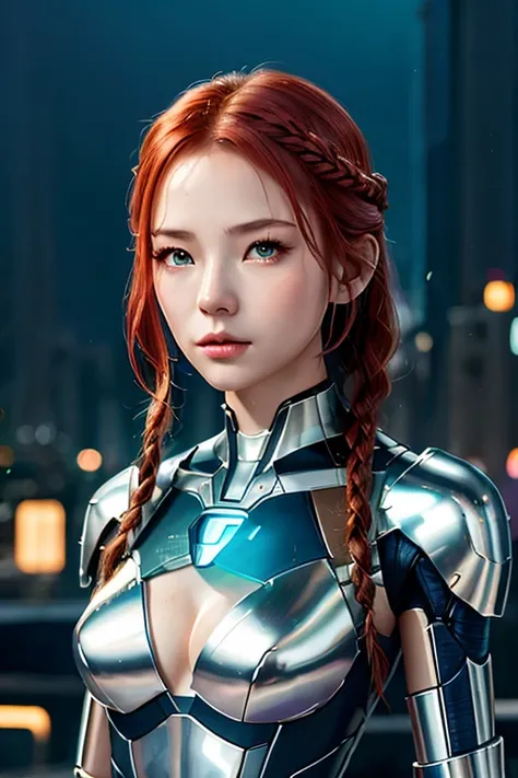  portrait、 upper body、 ONE CYBORG GIRL、 beautiful well-groomed face、Super cute、Well-balanced face、clear eyes、 red hair、 braided 、 white skin、( slender body )、Petite body、 Toughened Abs、muscle、 cleavage、 small breasts、MECHANICAL ARMOR 、Clear chest parts、Ill...