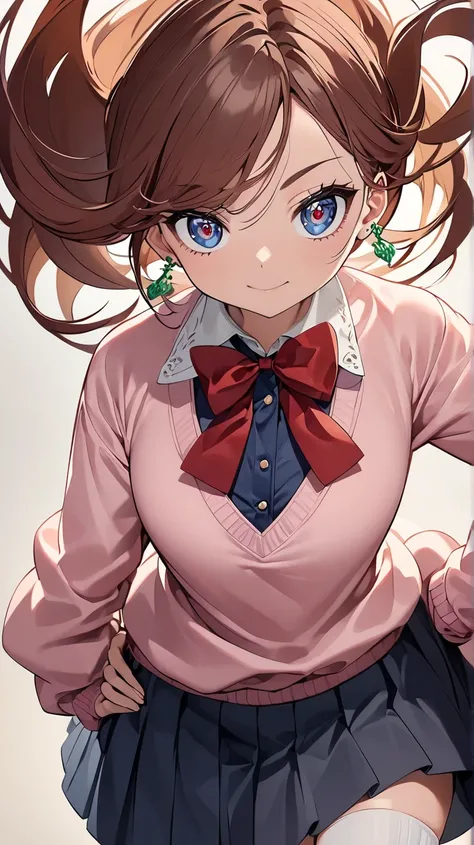 A confident anime-style high school girl standing with one hand on her hip, exuding a playful and charismatic demeanor. She has short, reddish-brown hair swept to the side, with sharp bangs framing her face. Her large, expressive eyes have a reddish hue, a...