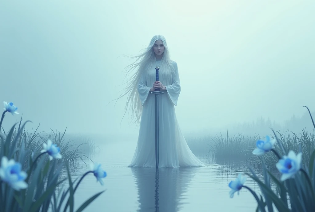 Ryo Aizuki，In the middle of the lake stands a white woman with long hair holding a sword，Blue Daffodil Flower，