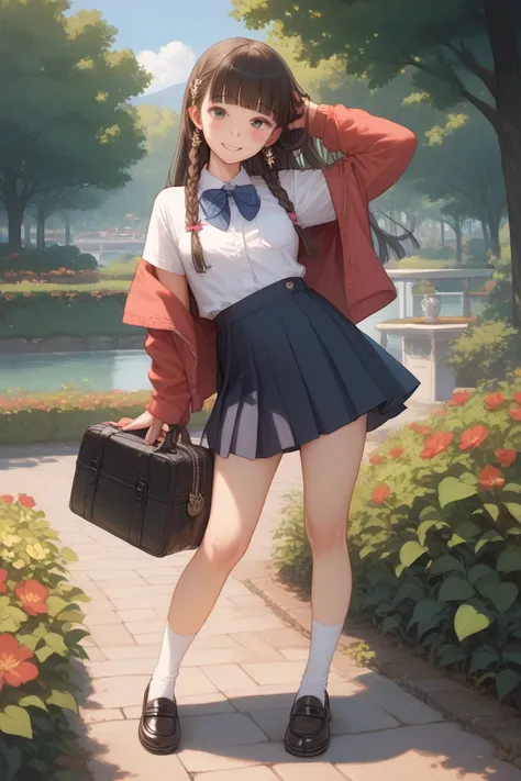 { best quality}, { so beautiful},{ Ultra-Fine},{ Best Illustration }, brown hair,hime cut,Long Hair, braided , One Woman ,Standing woman, Beauty Stunning Anime Woman ,smile,With a smile, Cardigans , white shirt,Short sleeve,navy skirt, knee-high socks, bla...