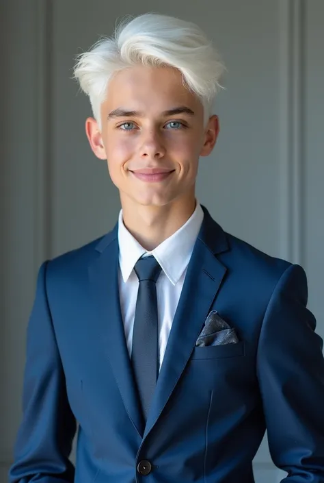 Teenager 15-year-old boy Skin color : white white hair on both sides Light blue eyes Height 1 , 57 in height Standing photo Luxury blue suit Tie Very handsome boys dick