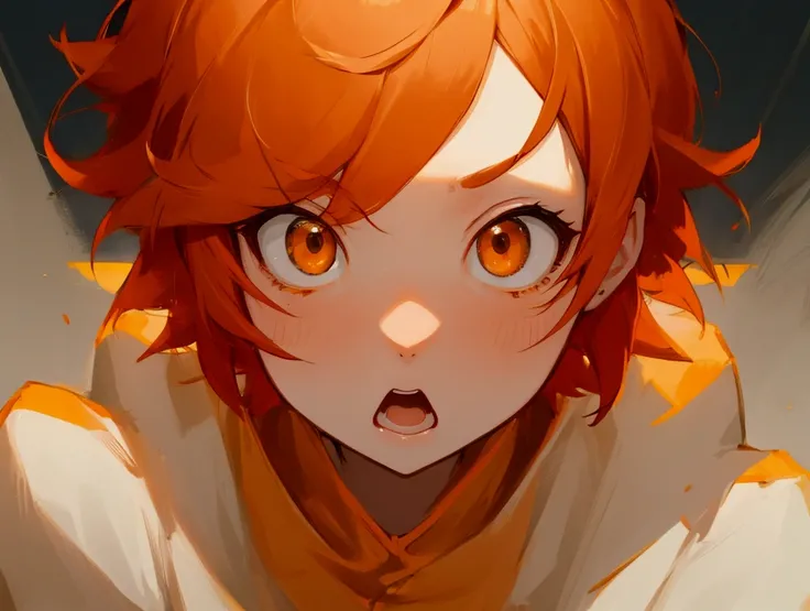 A  with short orange hair. The face is very shocked by what is happening ahead.