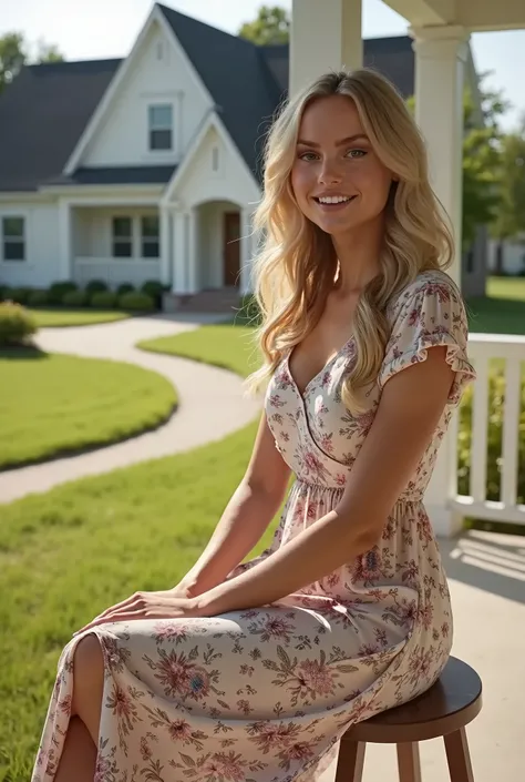 in front of nice new country house in Kansas, green grass, driveway, sunny day, masterpiece, best quality, (photorealistic:1.4), full body, floral midi midi church dress with short sleeves with round neck, brown sandals, beautiful woman, skinny, large big ...