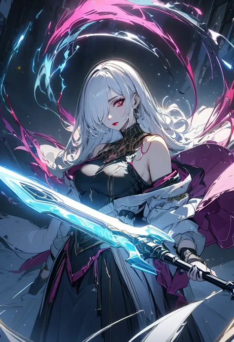 (masterpiece,  best quality:1.2,UHD,High Resolution、Detailed depiction)、 one girl、Red lipstick、 Tanned Skin、White Hair、 short bob、hair over one eye、messy hair、I have a slightly longer face veil 、 Off Shoulder Dress、He is holding a spear with thunder、 dynam...