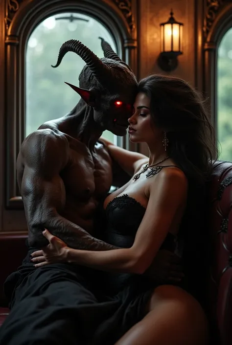 Dark chocolate girl having sex with a devil in a train