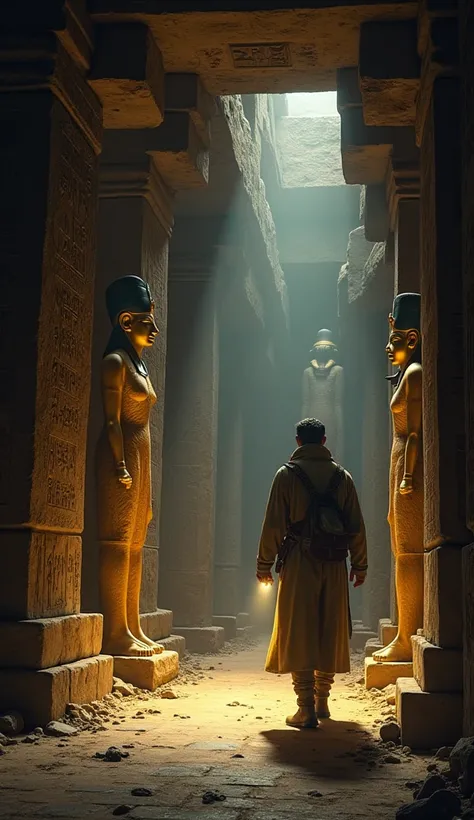 A scene inside an ancient Egyptian tomb in 1922, with intricate hieroglyphs and artifacts visible on the walls. The explorer, dressed in early 20th-century expedition clothing, stands at the entrance, looking inside with a flashlight. The atmosphere is dar...