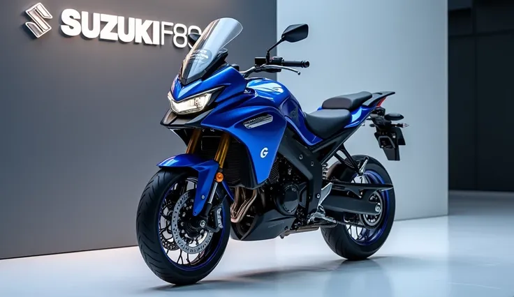 Generate a high-resolution, fully realistic image of a (  2025 Suzuki V-Strom 650 XT) in ( blue) , with a sleek and modern exterior, futuristic wheels, and a shimmering body color, displayed in a luxurious showroom with a large logo on the back wall. The i...