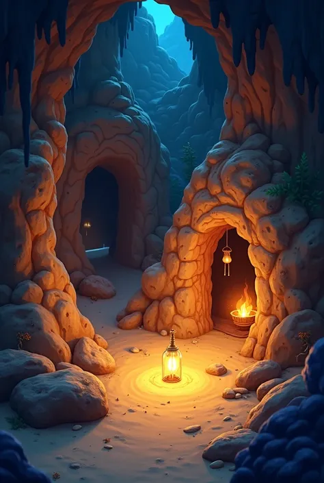 A cartoon like magical cave where Spark’s bottle (or lamp) was discovered. It features a simple, glowing cave filled with enchanted sand, flickering lanterns, and magical carvings on the walls. The outer appearance of the cave when its viewed from above