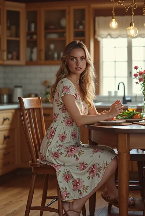 in traditional Kitchen in nice new country house in Kansas, masterpiece, best quality, (photorealistic:1.4), full body, floral midi midi church dress with short sleeves with round neck, brown sandals, beautiful woman, skinny, large big breasts, wave blond ...