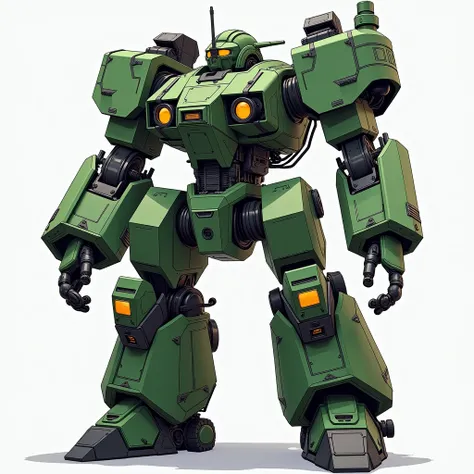 "The robot is about 3 meters tall, with a powerful design in a military style. Its outer armor is green, featuring prominent mechanical details. The robot’s arms and legs are equipped with pneumatic drive systems and mini gas tanks. The shoulders have heat...