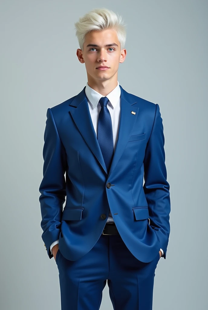  Teenager 
Menino 
s 
White skin color
White hair on both sides 
Light blue eyes
 Height 1,57 tall
Standing photo 
Luxury blue suit 
tie
Modelo 
Lindo 
Defined bodies