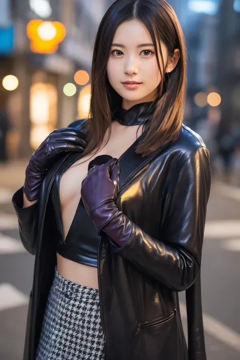 (8k, RAW Photo, Highest Quality, High Resolution:1.1), (ultra-realistic:1.4),(Realistic, Realistic:1.3),Japanese Beauty, Outdoors, A girl wearing an elegant dark violet long coat, a knit top and a houndstooth mini skirt, pumps,((Upper Body Position Street ...