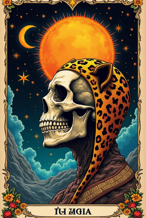 colorful engraved reverse of tarot card depicting a skull wearing a Jaguar  helmet with a sun, a moon, and stars forming a constellation in the background